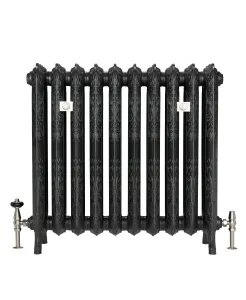 Ornate ten-column Rococo III cast iron radiator on feet in a dark iron finish, with satin nickel valves and wall stays, on white.