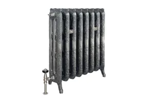 Ornate Rococo III 768mm cast iron radiator in Satin Polish on scrolled feet, with a nickel thermostatic valve and two wall stays.