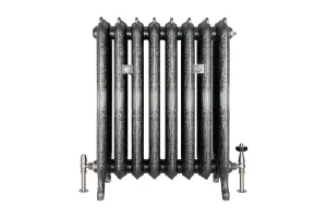 Ornate eight-section Rococo III cast iron radiator on feet in Satin Polish, with two wall stays and nickel angled valves, on white.