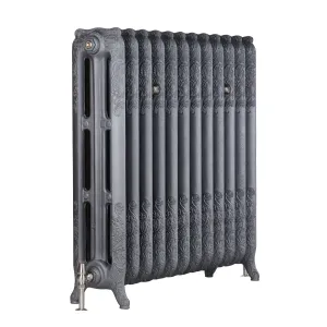 Ornate three-column Rococo III cast iron radiator in Black Iron on scrolled feet, with a satin nickel valve, against a white background.
