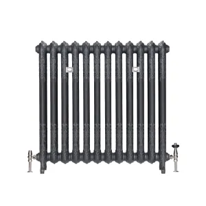 Ornate Rococo III cast iron radiator in Black Iron with twelve sections, on feet, with two wall stays and nickel valves, on white.
