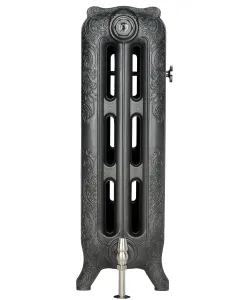 End view of an ornate Rococo III cast iron radiator on scrolled feet in a dark metallic finish, with a satin nickel valve and wall stay.