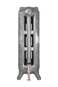 Ornate Rococo III 768mm cast iron radiator in Satin Polish on scrolled feet, shown end-on with a nickel valve, on a white background.