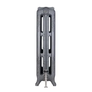 End view of an ornate Rococo III cast iron radiator in Black Iron on scrolled feet, with a nickel valve at the base, on a white background.