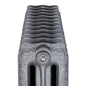 End-on view of an ornate Rococo III cast iron radiator in Black Iron, showing scrolled relief and a Castrads bleed plug.