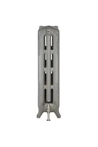 Single section of an ornate Rococo III cast iron radiator on scrolled feet in Soft Pewter, with a satin nickel valve, on white.