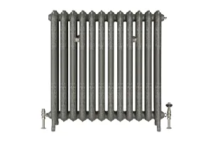 Ornate twelve-section Rococo III cast iron radiator on feet in Soft Pewter, with nickel valves and two wall stays, on a white background.