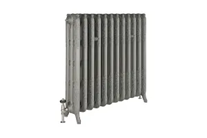 Ornate Rococo III 970mm cast iron radiator in Soft Pewter on scrolled feet, with a nickel thermostatic valve, on a white background.