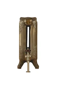 End view of an ornate Rococo II cast iron radiator on scrolled feet in Aged Gold, with a brass valve and wooden handwheel on a floor pipe.