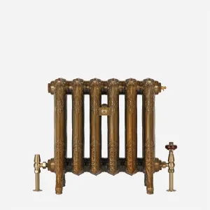 Ornate six-section Rococo II cast iron radiator in Aged Gold on feet, with brass angled valves and a wooden-headed thermostatic valve.