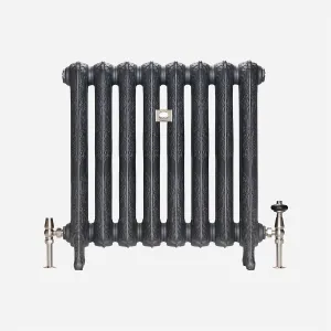 Ornate eight-section Rococo II cast iron radiator in Black Iron on feet, with satin nickel angled valves and a central nameplate.