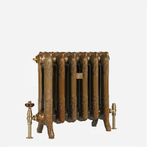 Ornate six-section Rococo II cast iron radiator in Aged Gold on scrolled feet, with brass valves and a wooden-headed valve, on white.