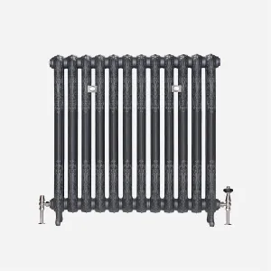 Ornate Rococo II 950mm cast iron radiator in Black Iron on feet, with twelve sections, wall stays and nickel angled valves, on a white background.