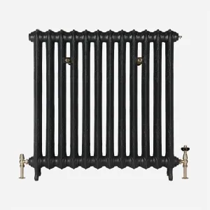 Ornate Rococo II 950mm cast iron radiator on feet in Matt Black, with wall stays and nickel angled valves, on a plain background.