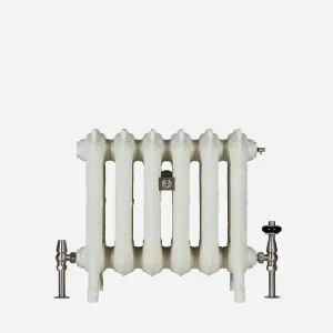 Ornate six-section Rococo III cast iron radiator on feet in Oatmeal, with nickel valves and a black-topped thermostatic valve, on a plain background.