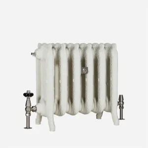Ornate Rococo III 470mm cast iron radiator in Oatmeal on scrolled feet, with satin nickel thermostatic and lockshield valves.