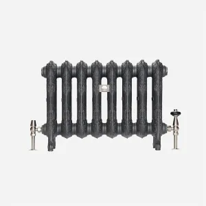 Ornate eight-section Rococo III cast iron radiator in Black Iron on feet, with nickel angled valves and a central nameplate.