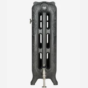Rococo III cast iron radiator in Black Iron with Satin Nickel accessories - valve side view