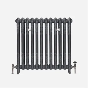 Ornate Rococo III 970mm cast iron radiator in Black Iron, twelve sections on feet, with nickel valves and two wall stays.
