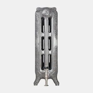 Single section of a Rococo III 768mm ornate cast iron radiator in Satin Polish on scrolled feet, with a nickel valve, on a plain grey background.