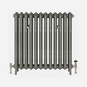 Ornate twelve-section Rococo III cast iron radiator in Soft Pewter on feet, with nickel valves and wall stays, on a plain background.
