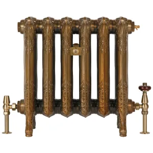 Ornate six-section Rococo II cast iron radiator in Aged Gold on feet, with brass angled valves, one with a wooden head, on white.