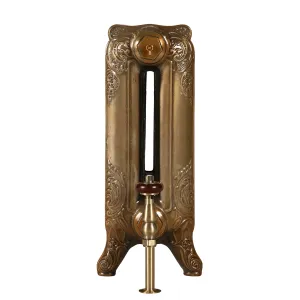 End view of an ornate Rococo II cast iron radiator on scrolled feet in Aged Gold, with a brass valve and red handle, on a white background.