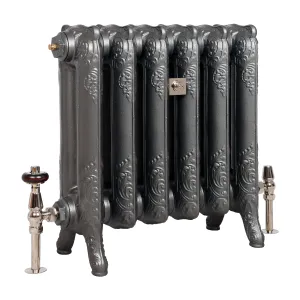 Ornate six-section Rococo II cast iron radiator on scrolled feet in Astral Grey Mid, with nickel valves and a central wall stay.