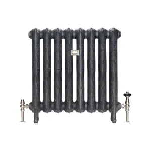 Ornate eight-section Rococo II cast iron radiator in Black Iron on feet, with satin nickel angled valves and a small central plaque, on white.