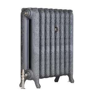 Ornate Rococo II 660mm cast iron radiator in Black Iron on scrolled feet, with a satin nickel angled valve, on a white background.