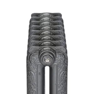 End view of an ornate Rococo II two-column cast iron radiator in Black Iron, showing scrolled castings and a Castrads bleed plug, on white.
