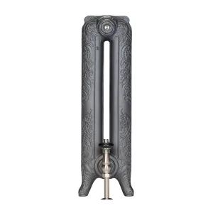 End view of an ornate two-column Rococo II cast iron radiator on feet in Black Iron, with a nickel valve fitted at the base.