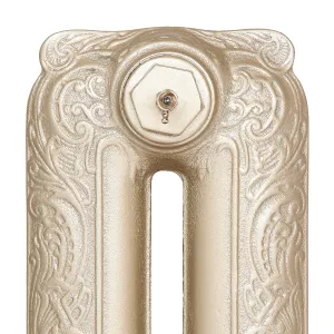 Close-up of the top of an ornate Rococo II cast iron radiator section in a pale metallic Pearl Mouse Grey finish, with scrolled relief and a bleed valve.