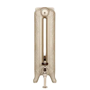 End view of an ornate Rococo II 660mm two-column cast iron radiator on feet in Pearl Mouse Grey, with a nickel valve and wooden handwheel.