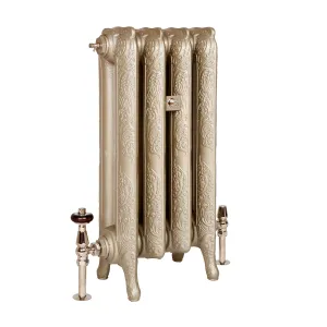Ornate four-section Rococo II cast iron radiator on feet in Pearl Mouse Grey, with polished nickel valves, one with a wooden head, and a wall stay.