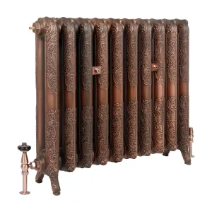 Ornate Rococo II 760mm cast iron radiator in Aged Copper with ten scrolled sections, feet, copper valves and two wall stays, on white.
