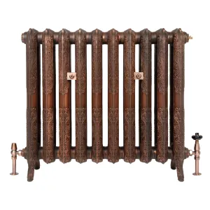 Ornate ten-section Rococo II cast iron radiator on feet in Aged Copper, with copper valves, one with a black head, and two wall stays.