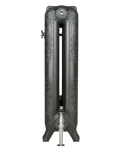 End view of an ornate Rococo II 760mm cast iron radiator on feet in a dark metallic finish, with a satin nickel valve and bleed key.