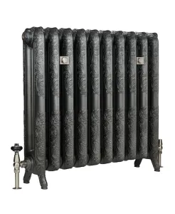 Ornate Rococo II cast iron radiator on feet with ten sections, dark metallic finish, satin nickel valves and wall stays, on white.