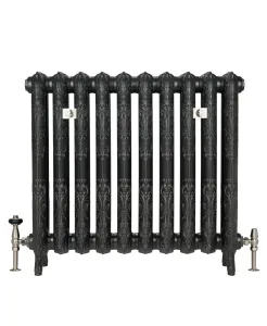 Ornate ten-section Rococo II cast iron radiator in a black iron finish on feet, with satin nickel valves and wall stays, on white.