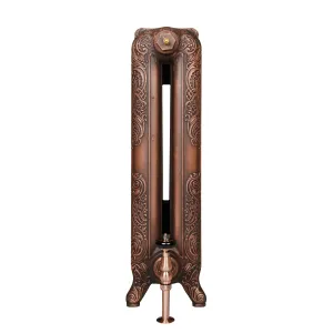 End view of an ornate Rococo II cast iron radiator on scrolled feet in Aged Copper, with a copper angled valve and black handle at the base.