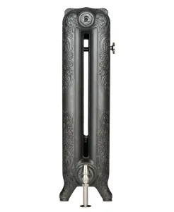 End view of an ornate Rococo II 760mm cast iron radiator on feet in a dark metallic finish, with a satin nickel angled valve and bleed valve.