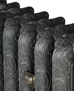 Close-up of ornate Rococo II cast iron radiator sections in a dark iron finish, with a satin nickel wall stay, on a white background.