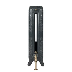End view of an ornate Rococo II cast iron radiator on feet in Charcoal, with a brass thermostatic valve and bleed key on a white background.