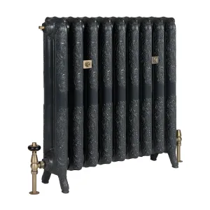 Ornate Rococo II cast iron radiator in Charcoal on feet, with brass thermostatic valve, lockshield and wall stays, on a white background.