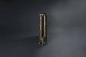 End view of an ornate Rococo II 760mm cast iron radiator on scrolled feet in a bronze finish, with a brass angled valve, on a dark grey backdrop.