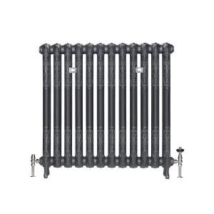 Ornate Rococo II 950mm cast iron radiator in Black Iron on scrolled feet, with nickel valves and two wall stays, on a white background.