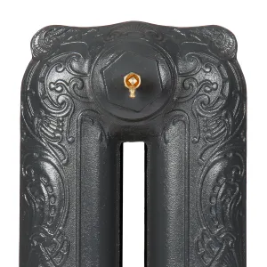 Close-up of the top of a Rococo II cast iron radiator section in Charcoal, with ornate scrollwork and a brass bleed valve on a hex plug.