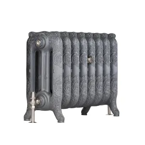 Ornate Rococo III 470mm cast iron radiator on scrolled feet in Black Iron, with a nickel valve and pipe at the lower left end.