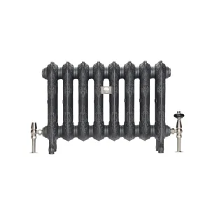 Ornate eight-section Rococo III cast iron radiator in Black Iron on feet, with nickel thermostatic and lockshield valves and a wall stay.